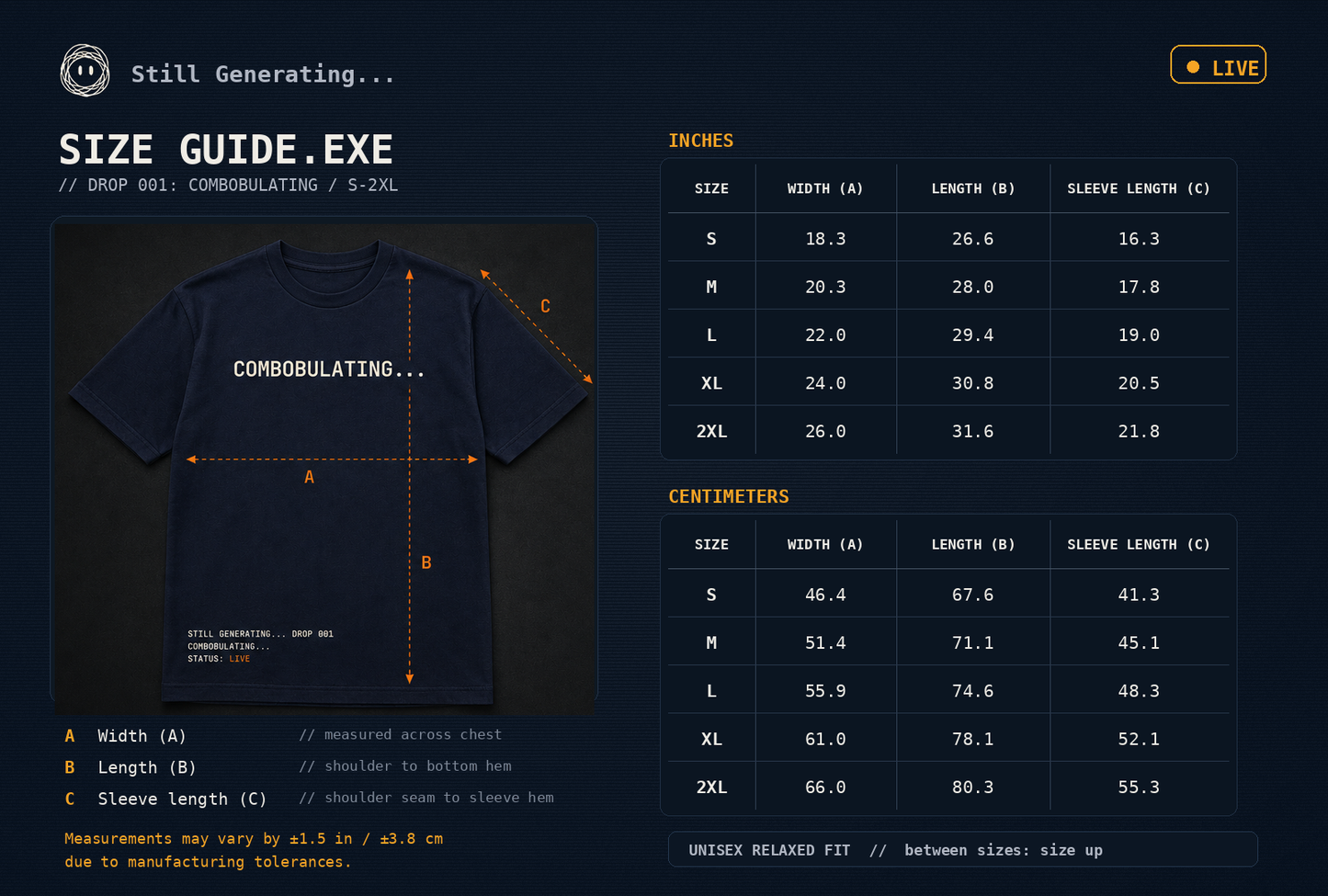 COMBOBULATING size guide