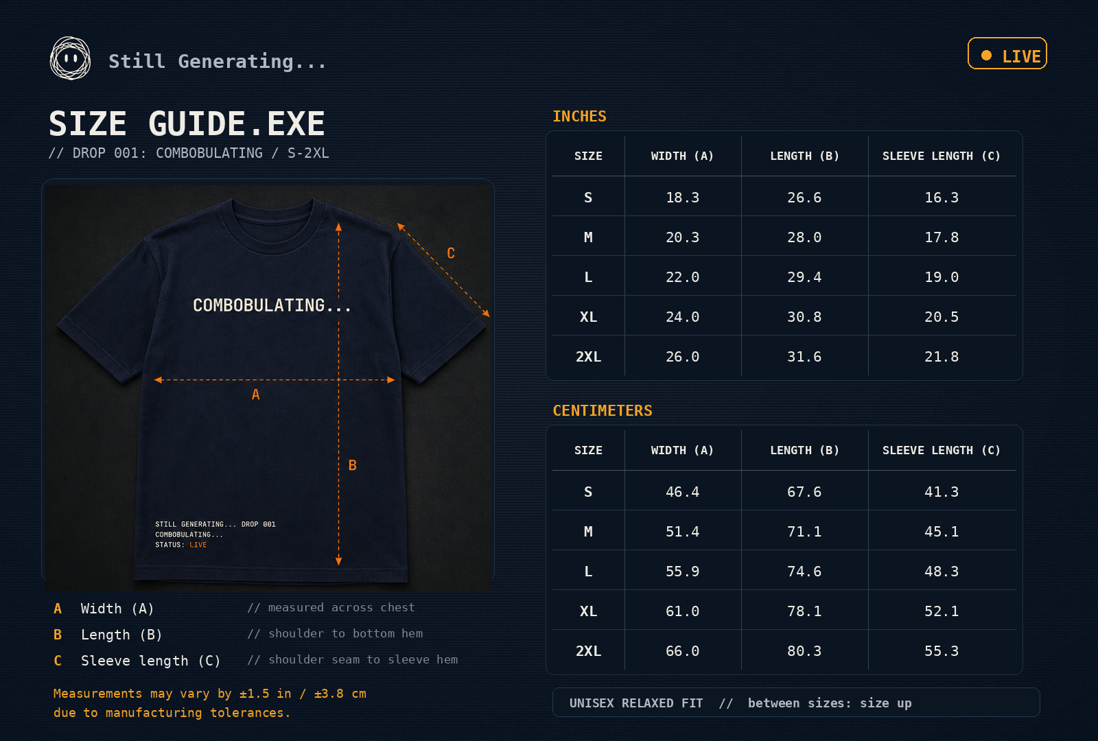 COMBOBULATING size guide